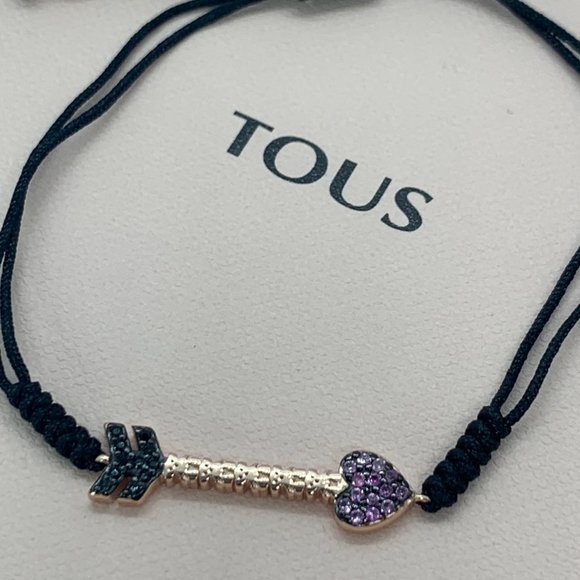 Tous San Valentín arrow Bracelet Rose Gold Vermeil with Gemstones and black Cord - Picture 8 of 8